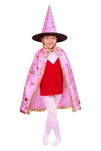 Enfants Halloween chapeau de sorciere rose et cape etoilee vue de detail pour costume.