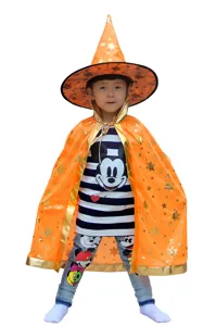 Cape de sorciere et chapeau de magicien pour enfants avec des etoiles dores pour la fete.