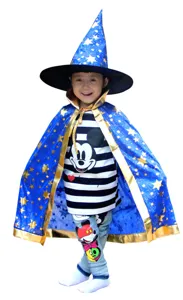 Enfants Halloween sorcier cape costume avec chapeau étoiles dorées pour fête performance tenue