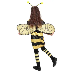 Detailed rear view of cute kids bee costume featuring yellow black stripes for Halloween party.