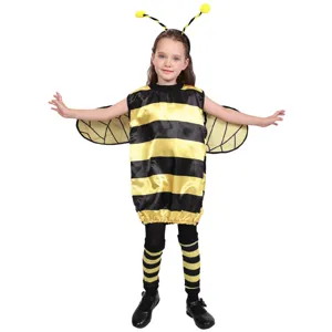 Kids Halloween bee costume set with striped tunic, wings, headband and socks for party.