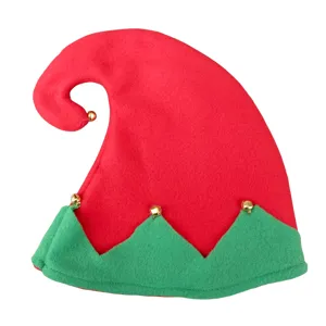 Joyeux bonnet de lutin de Noël rouge et vert avec des cloches dorées pour fêtes et costumes.