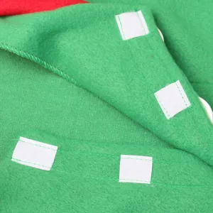 Vue détaillée costume de Noël enfant tissu feutre vert avec parties velcro blanc.