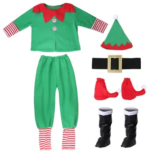 Ensemble de costume de lutin de Noël pour enfants avec haut vert, pantalon, chapeau et ceinture.