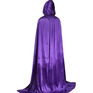 Back detail view of a purple velvet hooded cloak, perfect for Halloween cosplay and dress up parties.