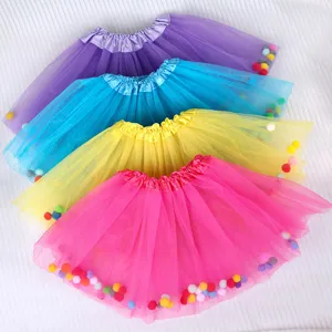 Childrens Day Girls Performance Tutu Skirt Solid Color Mesh Half Skirt With Colorful Pom Pom Cute Stage Costume
