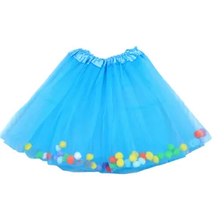 Kids Blue Tutu Skirt With Colorful Pompoms Tulle Dress Girls Party Performance Costume