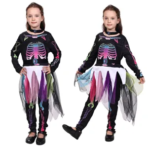 Girls Halloween Skeleton Costume Set Long Sleeve Top Pants And Mesh Skirt Spooky Party Cosplay Outfit