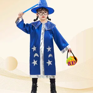 Halloween blue wizard costume set for kids with wizard hat and wand prop for party dress