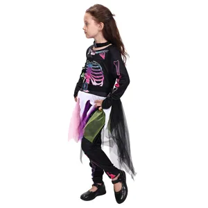 Kids Halloween skeleton costume for girls, scary party dress up and performance outfit.