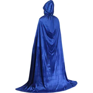Detailed view of the royal blue velvet hooded cloak back, perfect for Halloween party costumes.