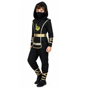 Kids ninja costume for Halloween cosplay party black gold outfit with hood and mask for boys