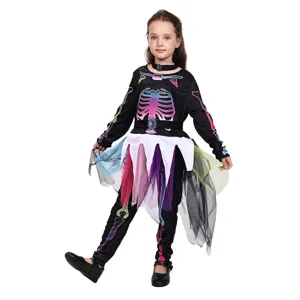 Kids skeleton Halloween costume set with colourful bone print and mesh tutu skirt for girls.