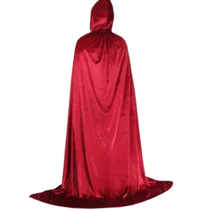 Red velvet hooded cloak back view detail, perfect for Halloween costume role play.