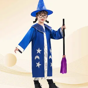Kids Halloween wizard cosplay costume set with blue cloak and pointed hat for children party dress