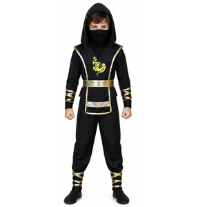 Kids ninja costume for Halloween cosplay, black and gold role play outfit for boys and girls.