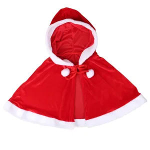 Weihnachten rote Samt Kapuzenumhang mit weißem Kunstfellbesatz und Pompom Bändern.