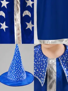 Kids wizard costume set with cape and hat for Halloween party, magical star moon print style.
