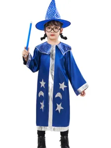 Kids Halloween Wizard Costume Blue Cloak Magic Hat Outfit Party Cosplay Dress Up