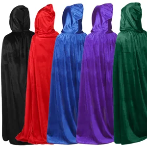Velvet hooded cape cloak for Halloween party, cosplay costume in multiple vivid colors.