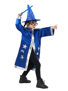 Kids Halloween wizard costume cloak hat magic wand set party cosplay dress outfit kids