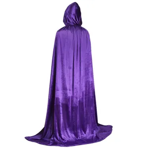 Velvet hooded cloak in purple for Halloween costume, back view showcasing full length.