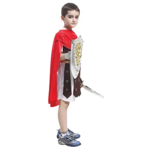 Kids Roman warrior costume set with red cape, tunic, shield and sword for Halloween.