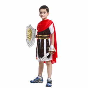 Roman warrior costume detail view for kids, featuring red cape, shield and sword props.