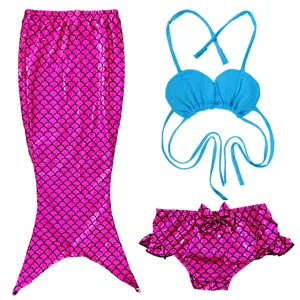 Mermaid swimsuit detail, pink scale tail, blue seashell top, kids beachwear swimwear.