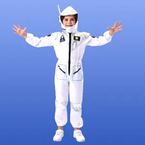 Children astronaut costume for Halloween cosplay stage performance, white jumpsuit with silver hood.