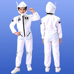 Kids astronaut costume detail showing front and back view, white spacesuit with silver helmet.