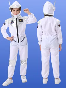 Kids astronaut costume for Halloween cosplay party, white jumpsuit with silver accents.