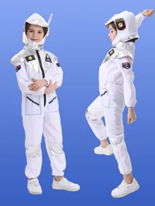 Kids astronaut costume for Halloween cosplay party, white jumpsuit with silver accents.