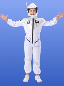 Kids astronaut costume white jumpsuit with silver helmet for Halloween party stage performance.