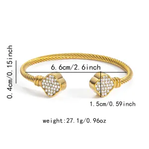 Gold Clover Open Bangle Bracelet with Rhinestone Twisted Cable Cuff Fashion Jewelry