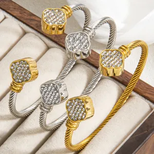 Stainless steel twisted cable bracelet with rhinestone clover charm for women stackable