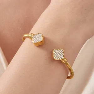 Gold Clover C-Cuff Bracelet Twisted Cable Open Bangle Minimalist Luxury Stainless Steel Jewelry