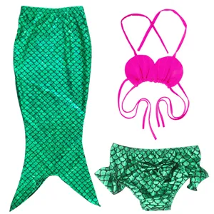 Detailed view of the kids mermaid swimsuit set featuring fish scale tail and shell top.