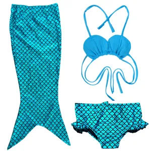 Kids sparkly mermaid swimsuit set with shell bikini top and fish scale tail for girls.