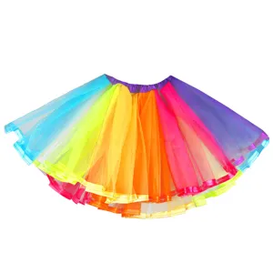Colorful rainbow tutu skirt for kids, fluffy mesh dance pettiskirt for stage performance.