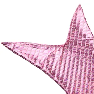 Pink sequin mermaid tail swimsuit fabric detail close-up for kids swimming costume design.