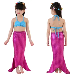 Kids mermaid swimsuit set, blue shell bikini top and pink fish scale mermaid tail.