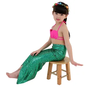 Kids mermaid swimsuit set with shell top and fish scale tail skirt for girls swimming pool party.