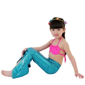 Children mermaid swimsuit girl shell bikini set with fish scale tail and floral crown detail.