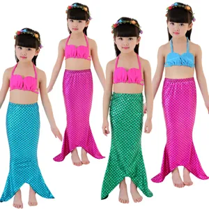 Kids mermaid swimsuit set with seashell bikini top and sequin fish tail skirt for girls.