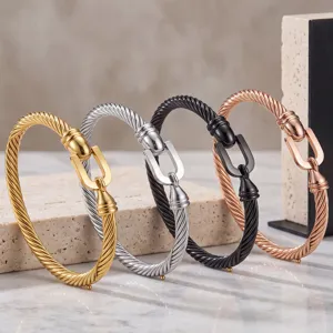 Stainless steel twisted cable bracelet with U-shaped horseshoe clasp set of four colors.