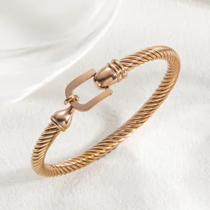 Detailed shot of a minimalist 18k gold PVD titanium steel cable bracelet with U-shaped hook.