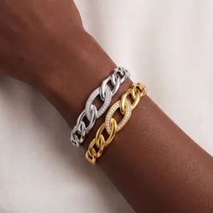 Chic geometric metal chain bracelet detail showcasing premium metallic finish and crystal pave links.