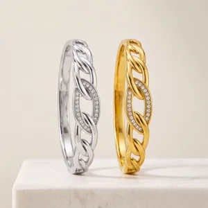 Fashion Stainless Steel Interwoven Geometric Open Bangle Bracelet With Rhinestone Luxury Women Jewelry Wrist Band