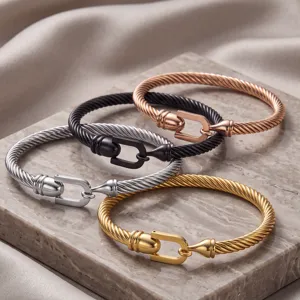 Minimalist horseshoe cable bracelet set, stylish titanium steel luxury bangles for daily wear.